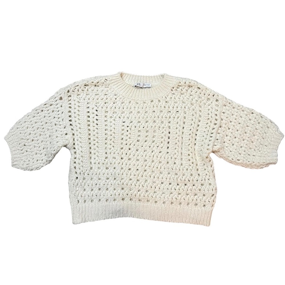 Zara Womens Open Knit Crochet Sweater Cream Ivory Short Sleeve Pointelle Small